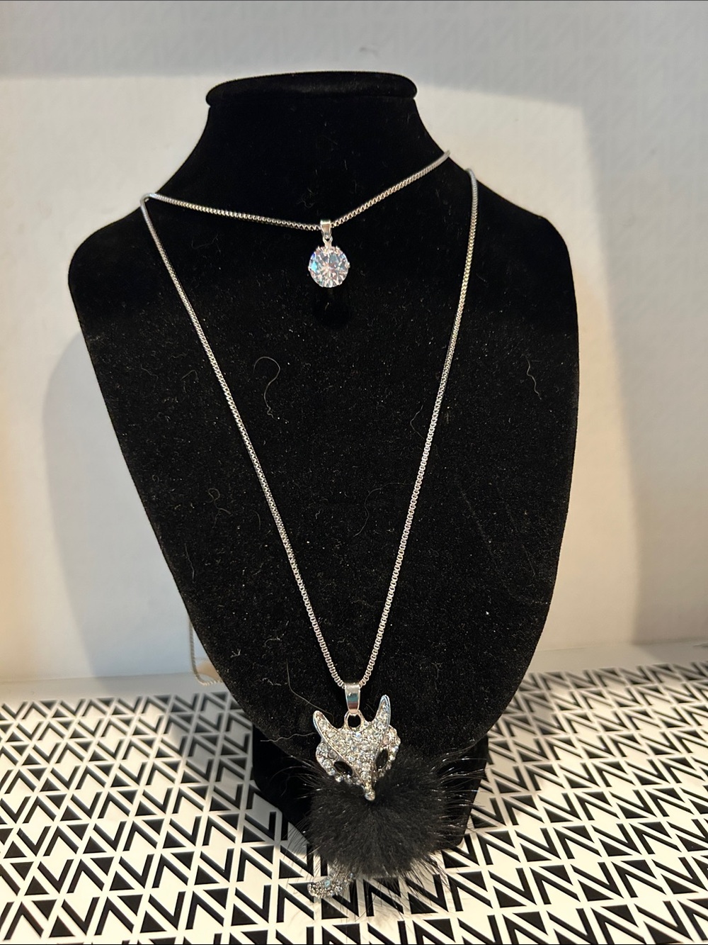 Rhinestone Fox Pendant Necklace with Black Pom - Women Jewelry
